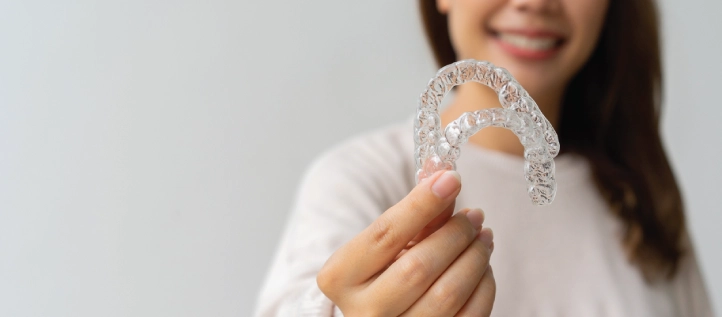 Young woman holding up mouth guards