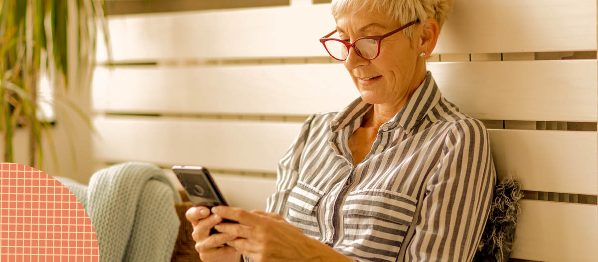 Retired woman researching on her phone