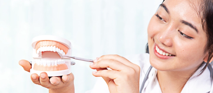 Dentist showing treatment options in set of false teeth