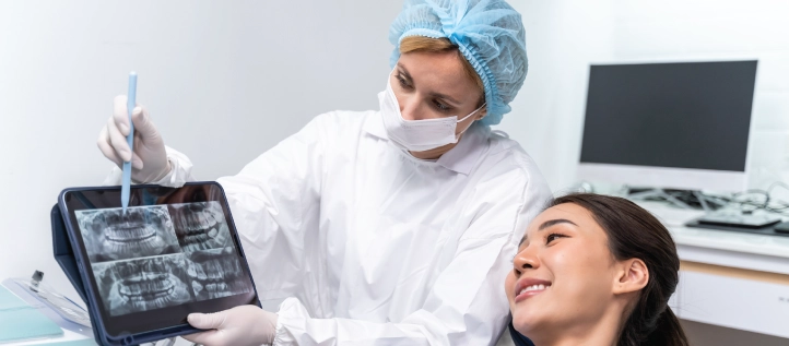 Dentist going over x-rays with a patient before an oral surgery